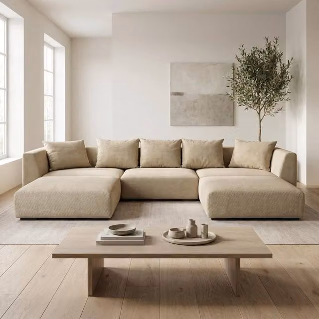 Abakus Direct Tokyo U-Shape Modular Sofa in Beige Basket Weave Fabric with Bamboo and Rattan Details – 1