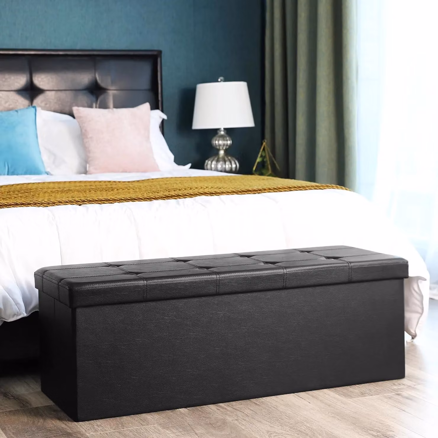 SONGMICS Large Foldable Storage Ottoman Foot Rest Cube Heavy Duty Bench in Black – 2