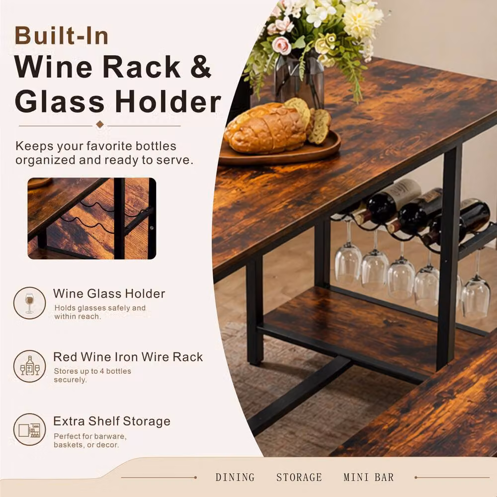 Abrihome Industrial Dining Table and Bench Set in Brown for 4 People – 5