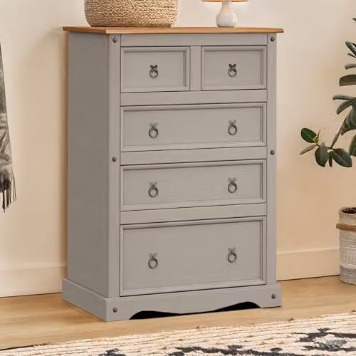 Mercers Furniture Corona Grey Painted Wax 2+3 Large Chest of Drawers in Solid Pine Wood, H 129 cm x W 92 cm x D 48 cm – 1