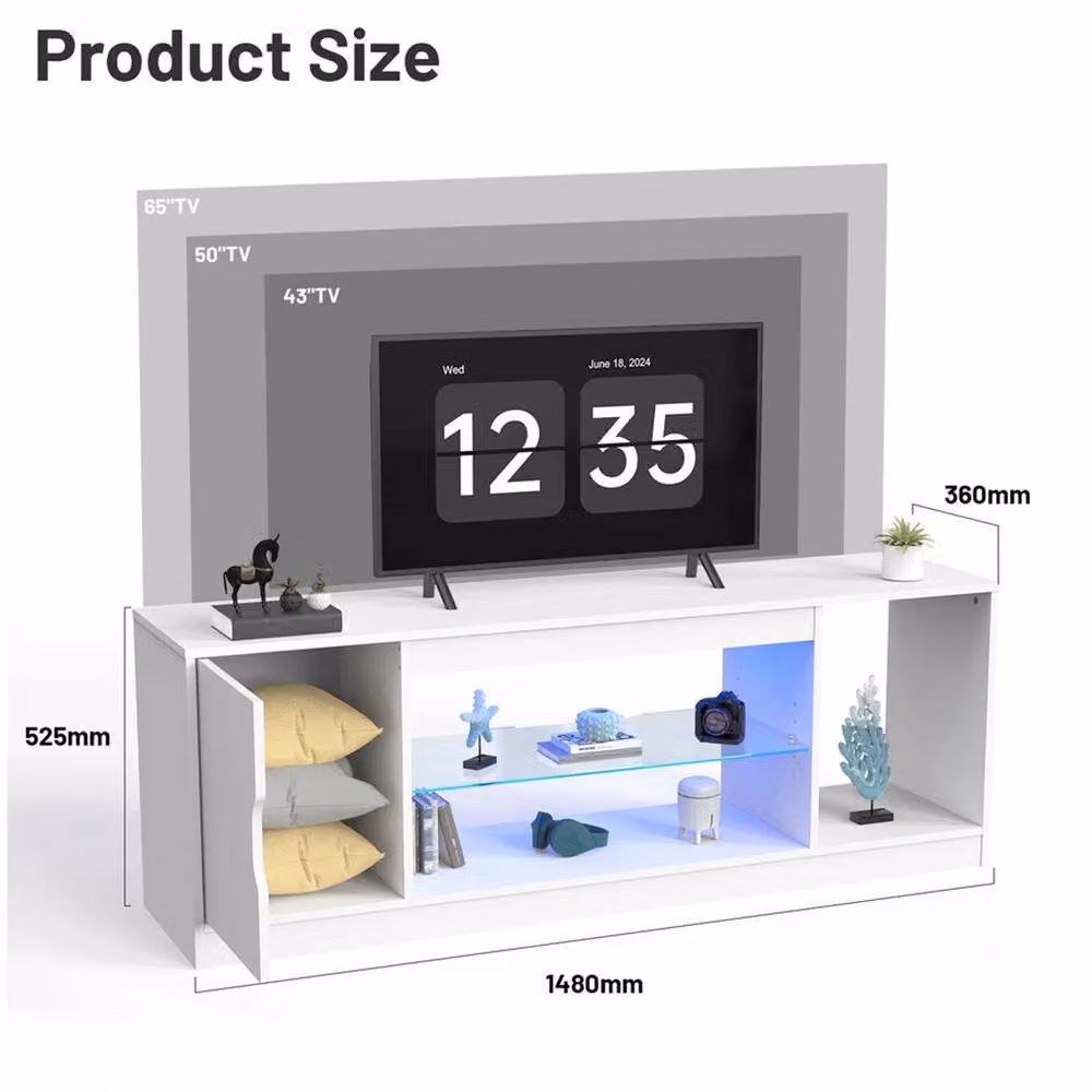VOGREX Modern LED TV Stand with Integrated Lighting and Glass Details in White, W: 148.0 cm, D: 52.5 cm, H: 52.5 cm – 2