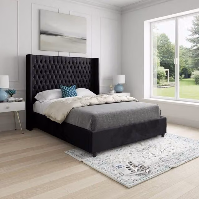 KDMD Wellesbourne Small Single Winged Upholstered Designer Bed Frame in Black Soft Velvet