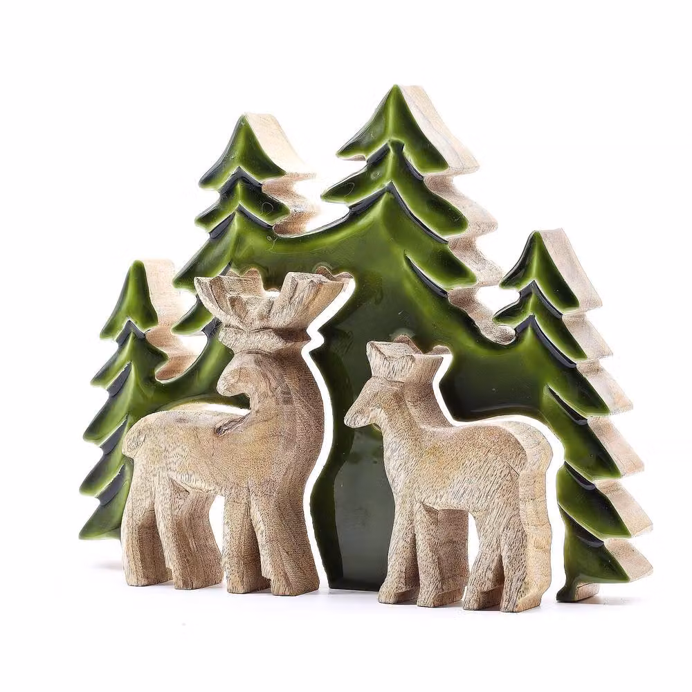 Serenityy Lost in the Forest Two Deer 3D Wooden Ornament in Green – 2