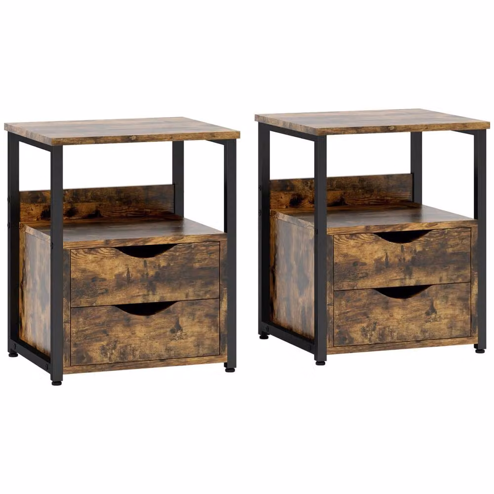 Wyld Haus Dikedo Set of 2 Industrial Bedside Tables in Brown and Black with 2 Drawers and Shelf – 2