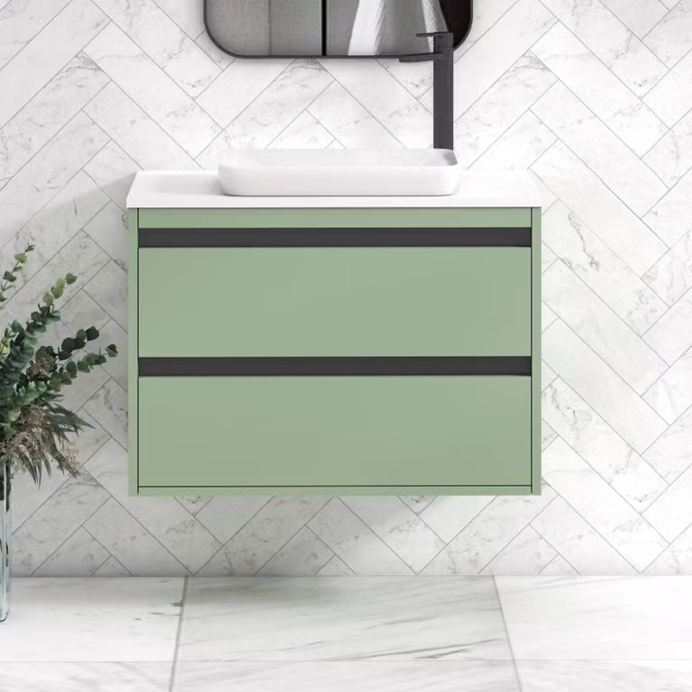 Royal Bathrooms Orion 800mm Wall Hung Vanity Unit in Mint Sage with Qubix Basin and Black Accent Trim