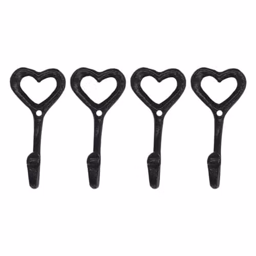 XIUsheUA Retro Heart-Shaped Wrought Iron Wall Mounted Hooks in Black, 4 Pack