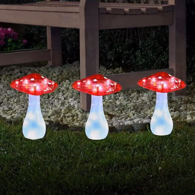 Marco Paul Set of 3 Solar Powered LED Mushroom Garden Ornaments in Red