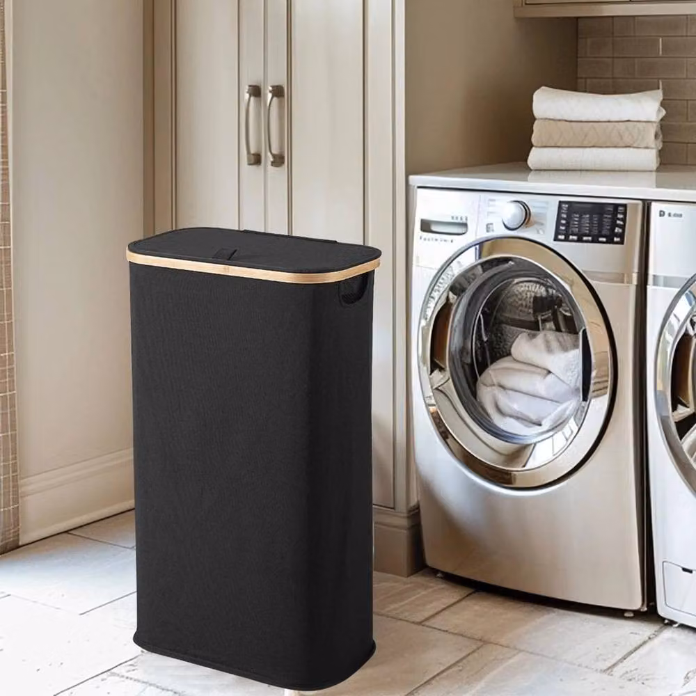 FLAVORA Black Vencier 60L Slim Laundry Hamper with Lid and Bamboo – 2