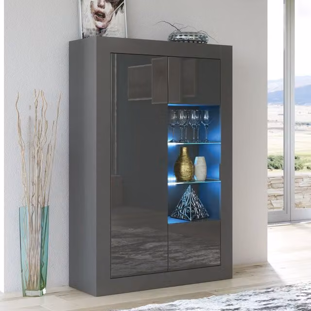Mex Furniture LTD Modern Display Cabinet in Grey and Black with Glass Doors and Integrated Lighting, W/D/H: 140 x 35 x 93 cm – 1