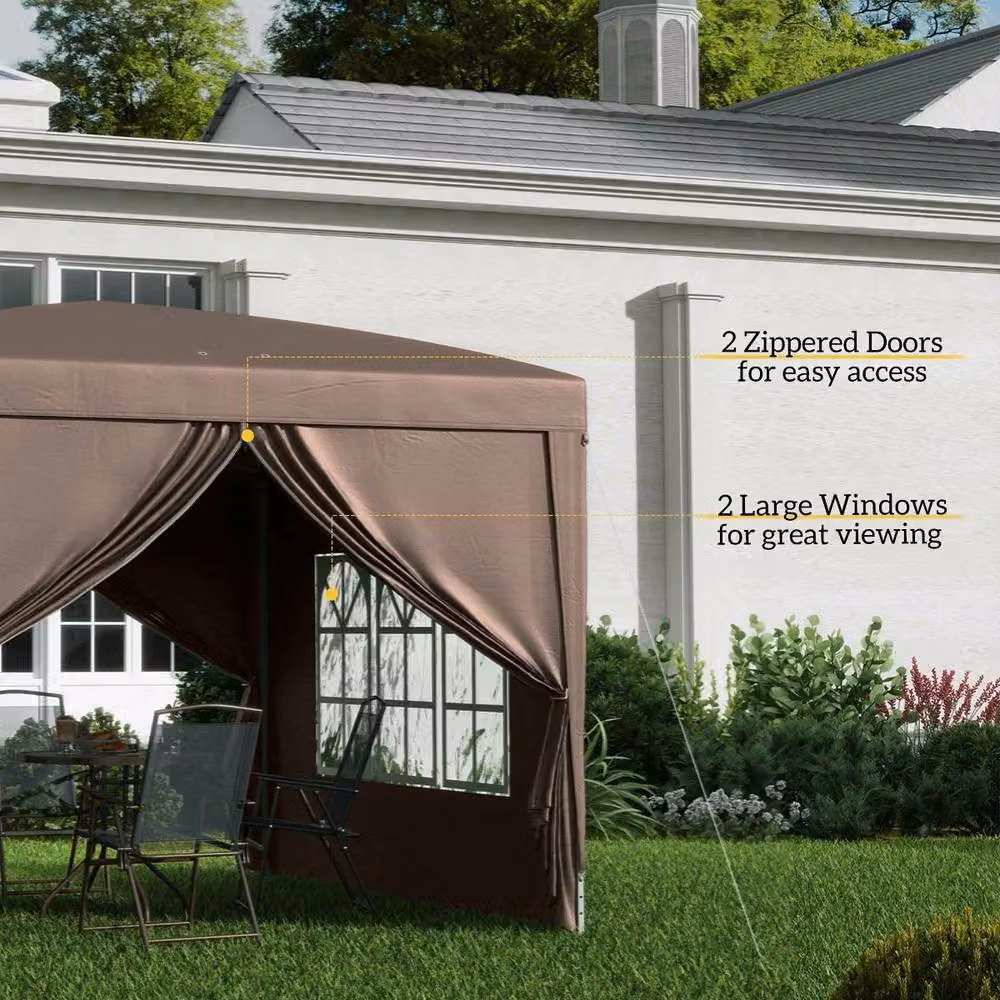 Rolipo Pop-Up Gazebo with Curtain Walls and Windows, Brown, W: 300 cm, D: 300 cm, H: 196 cm – 6