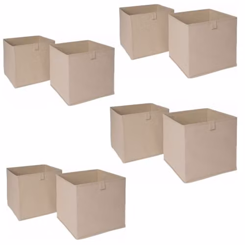 OHS Set of 8 Fabric Foldable Storage Boxes with Handles in Beige, W/D/H: 27 x 27 x 27 cm