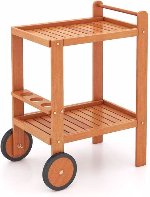 Kelvenix 2 Tier Rolling Wood Serving Cart in Brown
