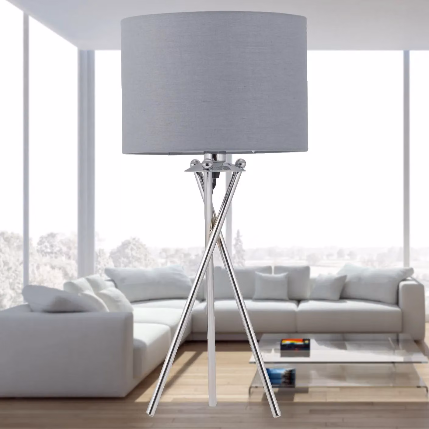 First Choice Lighting Set of 2 Chrome Tripod Table Lamps with Grey Fabric Cylinder Shades – 3