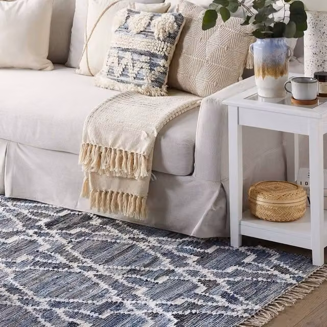 Wyld and Coco Blue Handwoven Cotton-Denim Geometric Rectangular Rug with Fringes W: 140 cm, D: 200 cm