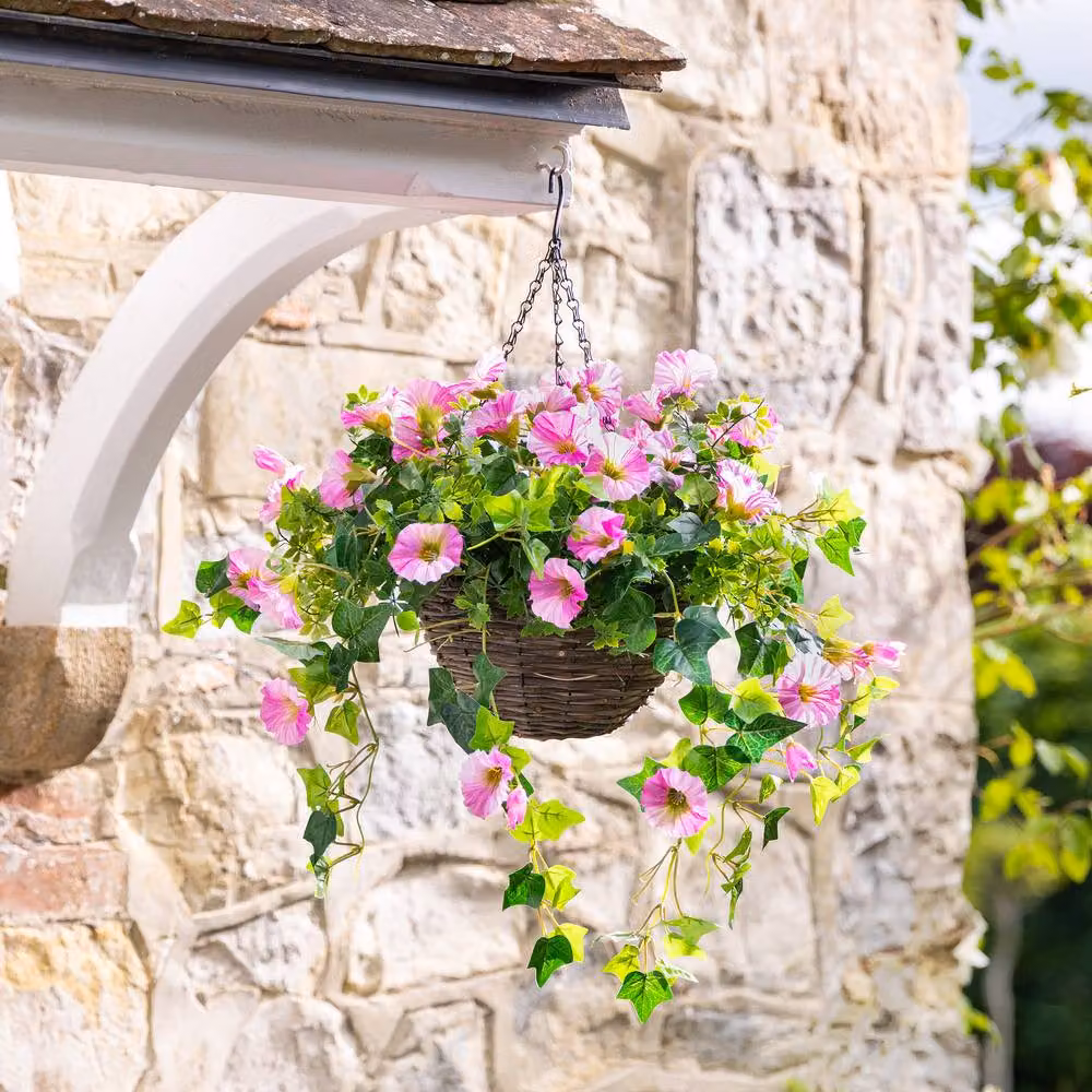 Christow Pink Artificial Petunia Wicker Hanging Basket with UV Resistant Foliage, Diameter: 25 cm – 5