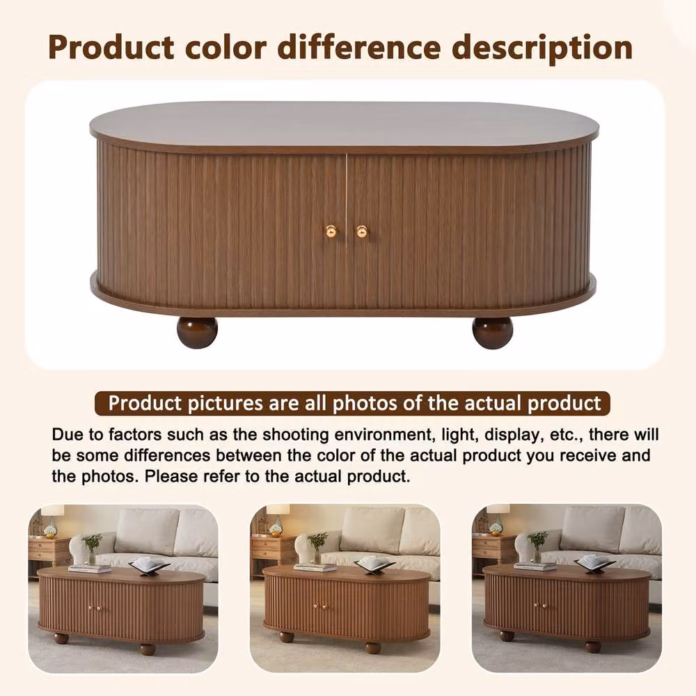 Rolipo Dark Oak Oval Coffee Table with Sliding Doors and Hidden Storage in Brown, W/D/H: 100 x 50 x 40 cm – 3