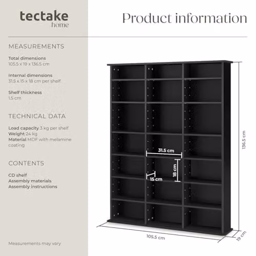 tectake CD Storage Unit in Black with Adjustable Shelves, H 136.5 x W 105.5 x D 19.0 cm – 3
