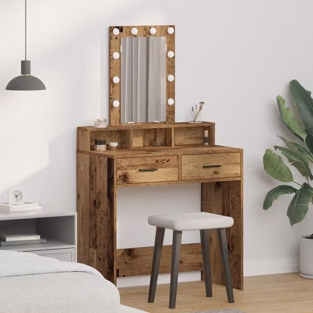 Berkfield Home Vintage Wood Style Dressing Table with Hollywood LED Lights, Brown, W/D/H: 79 x 41 x 140 cm – 1