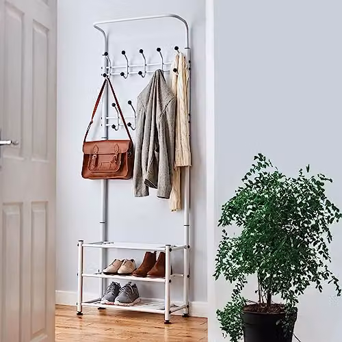 House of Home White Metal Hallway Coat Stand with Bench and 18 Hooks – 2