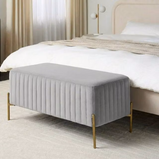 Wyld and Coco Grey Velvet Bench with Gold Metal Legs W/D/H: 91 x 47 x 43 cm