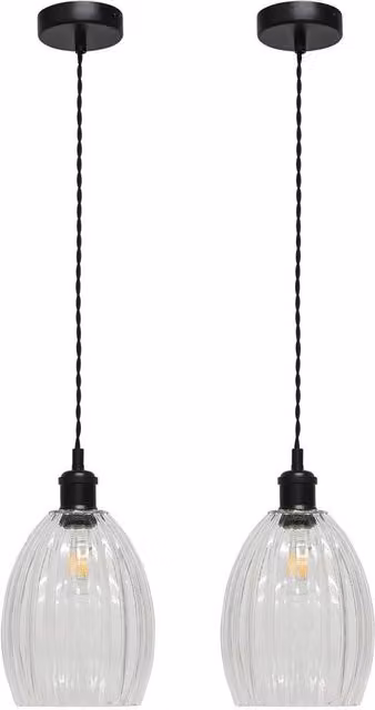 First Choice Lighting Birch Set of 2 Retro Pendant Fittings with Transparent Fluted Glass and Black Metal, Height Adjustable