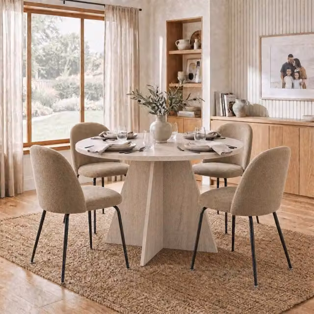 FWStyle Round Travertine Dining Table and 4 Mustard Dining Chairs in Beige, Diameter: 120 cm, Height: 75 cm