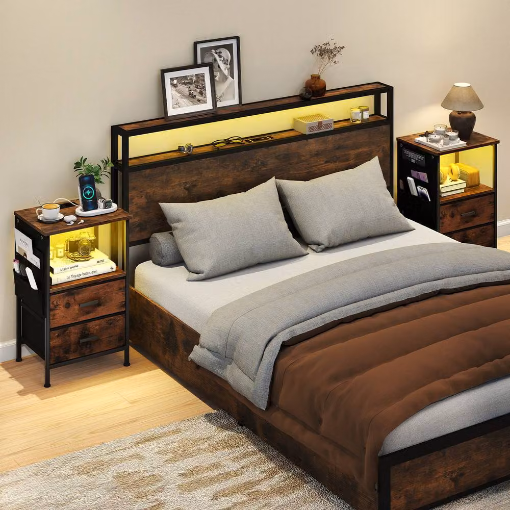 Gymax 2 Pack Brown Nightstand End Tables with Charging Station, LED Lights and 2 Drawers – 4