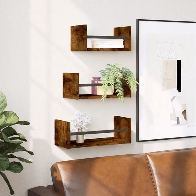 Berkfield Home 3 Piece Wall Mounted Industrial Shelf Set with Bars in Smoked Oak Brown – 1