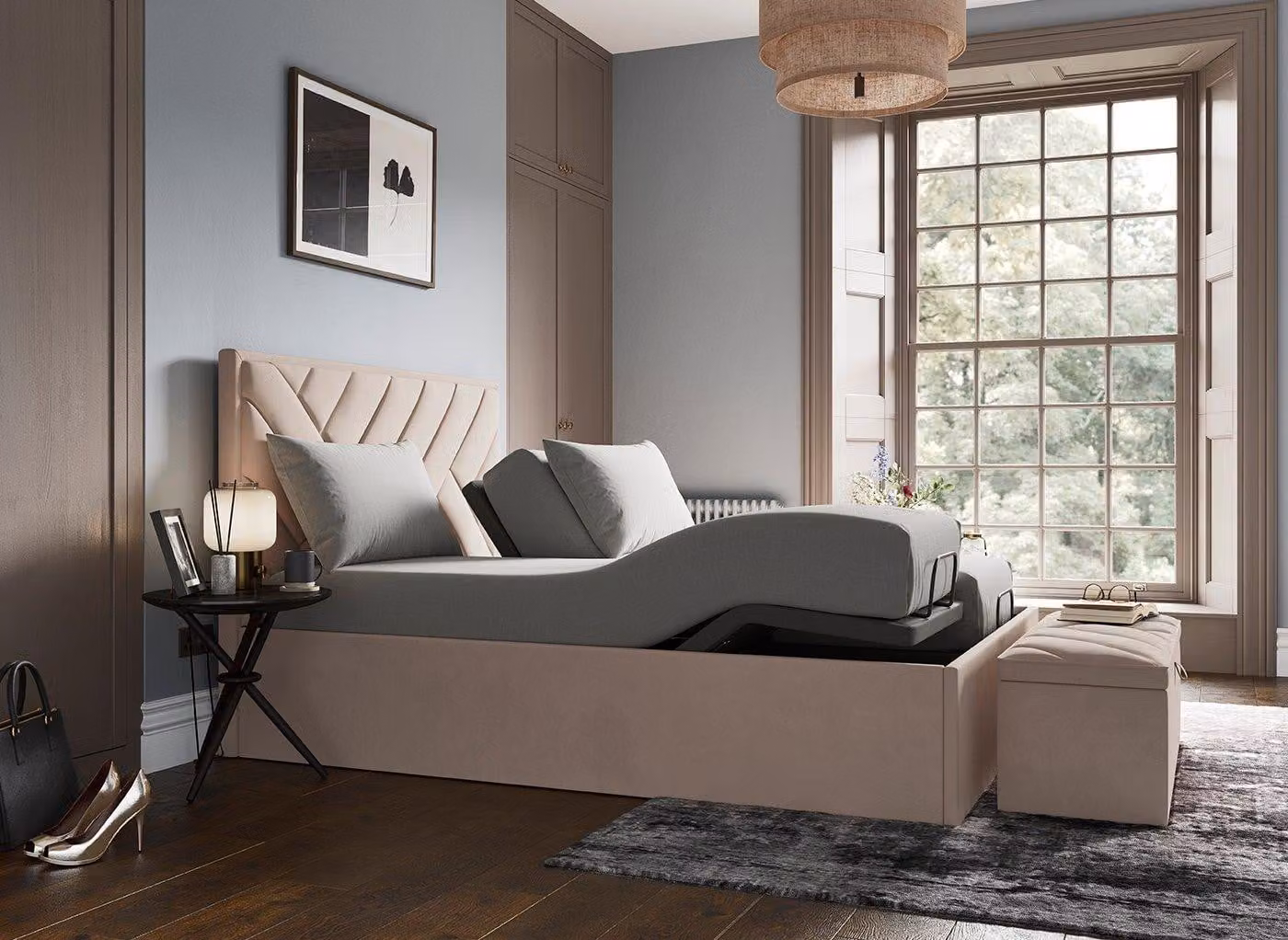 Jay Ergomotion Dreams Adjustable Velvet-Finish Bed Frame with Massage, USB Charging Port and Under-Bed Lighting in Blue or Beige