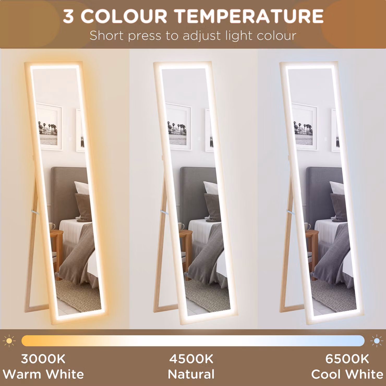 HOMCOM Full Length Mirror in Oak with Dimmable LED Light, W: 40 cm, H: 160 cm, D: 40 cm – 3