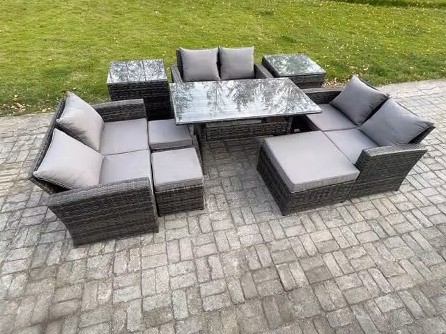 Fimous 9 Seater Wicker PE Rattan Garden Furniture Set with Oblong Dining Table and Double Seat Sofa in Dark Grey