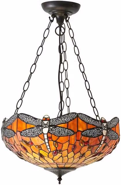 Loops Tiffany Glass Hanging Ceiling Pendant Light with Orange Dragonfly Design in Multicolour and Bronze