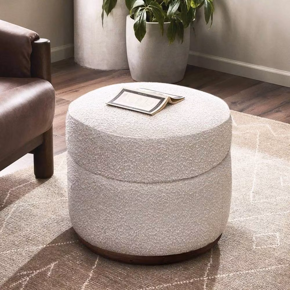 KORVIXA Round Bouclé Ottoman Storage Box Seat Foot Stool in Beige, Diameter: 100 cm – 3