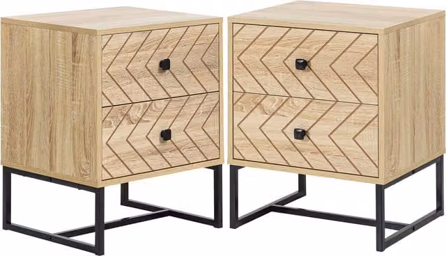 HOMCOM Set of 2 Natural Bedside Tables with Two Drawers and Black Metal Handles – 1