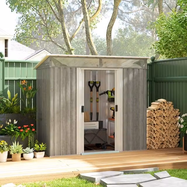 Outsunny Metal Pent Garden Shed with Foundation and Window in Light Grey
