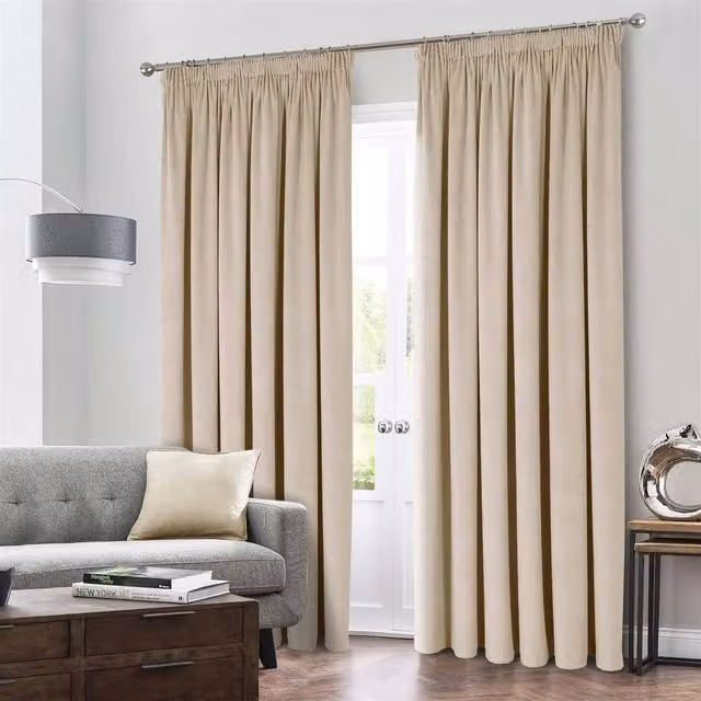 Luxor Living Montreal Velvet Pencil Pleat Taped Top Curtains in Beige, W: 229 cm, H: 229 cm – 1