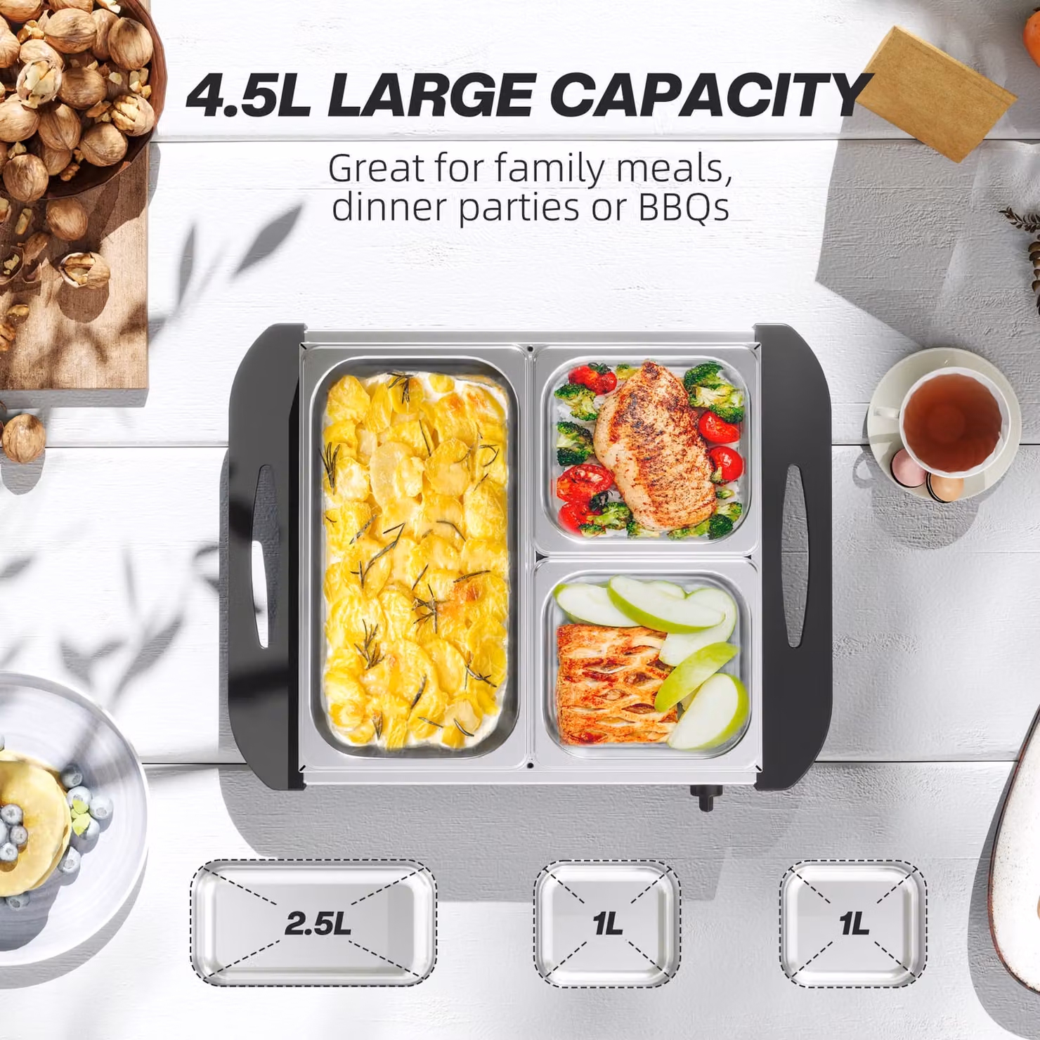 HOMCOM Set of 2 Silver Stainless Steel Electric Buffet Servers with 3 Trays and Lids, 4.5L Capacity – 4