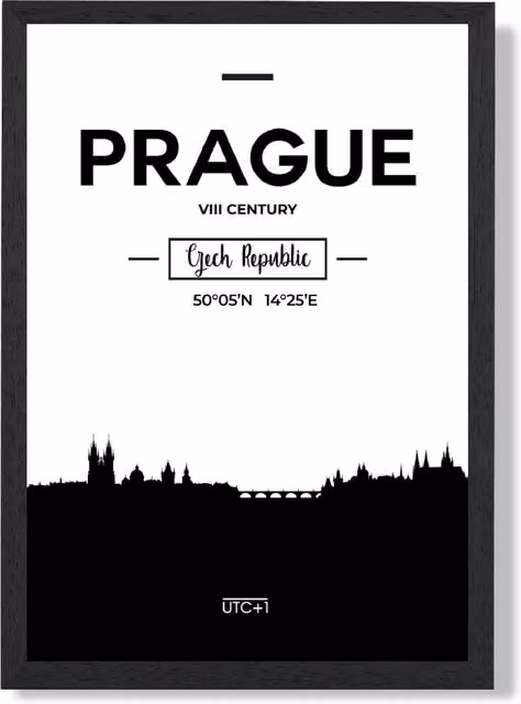 ARTZE Prague Black and White City Skyline Framed Print, A2