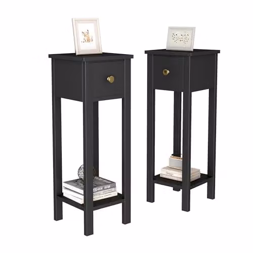 MCC Direct Amelia Set of 2 Solid Wood Bedside Tables with Open Shelf and Drawer, Black