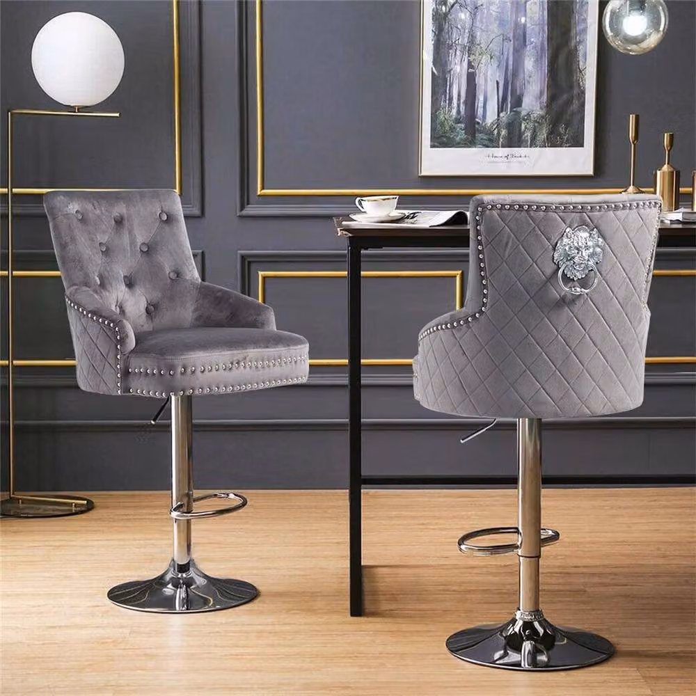 EONLION Grey Velvet Adjustable Bar Stool with Armrests, Height: 100 cm – 3