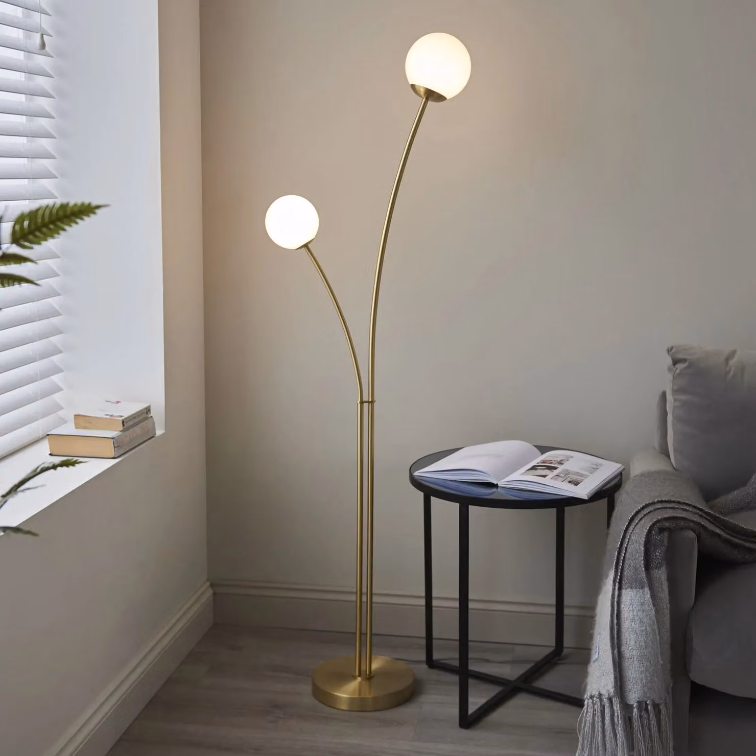 Loops Floor Lamp in Satin Brass and Opal Glass with 2 x 3W LED G9 Bulbs Included – 2
