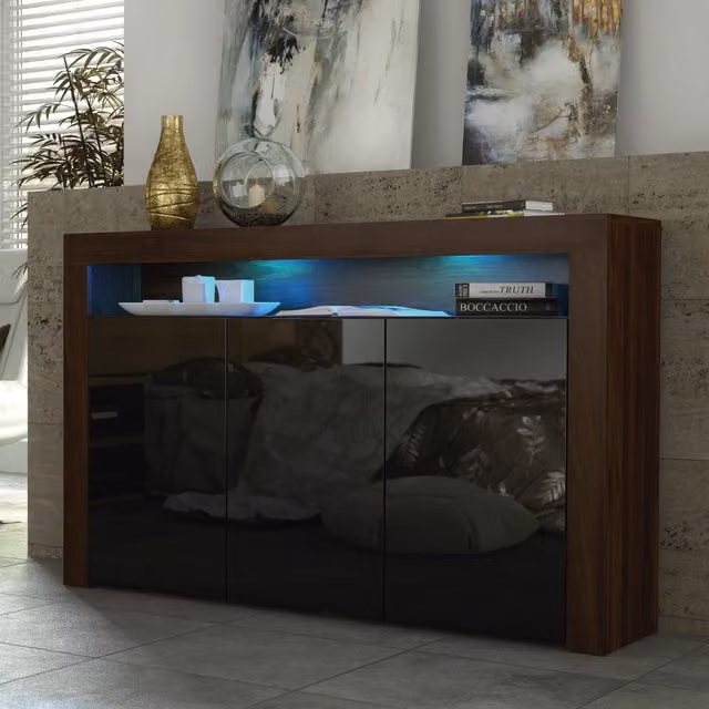 Creative Furniture Aether Modern Sideboard in Walnut and Black with Integrated Lighting, Width: 155 cm