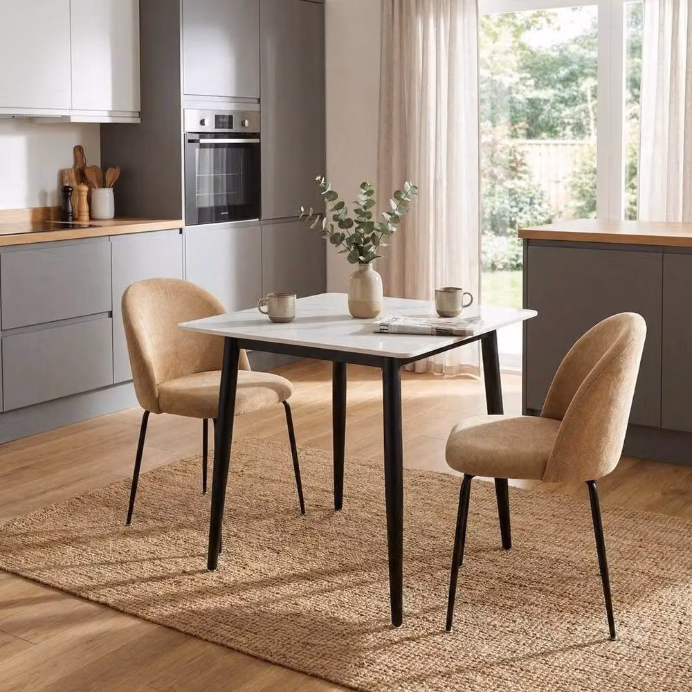 ERGOVEXA Set of 2 Modern Dining Chairs with Sand Blasted Metal Frames and Brown Fabric Padded Seats – 3