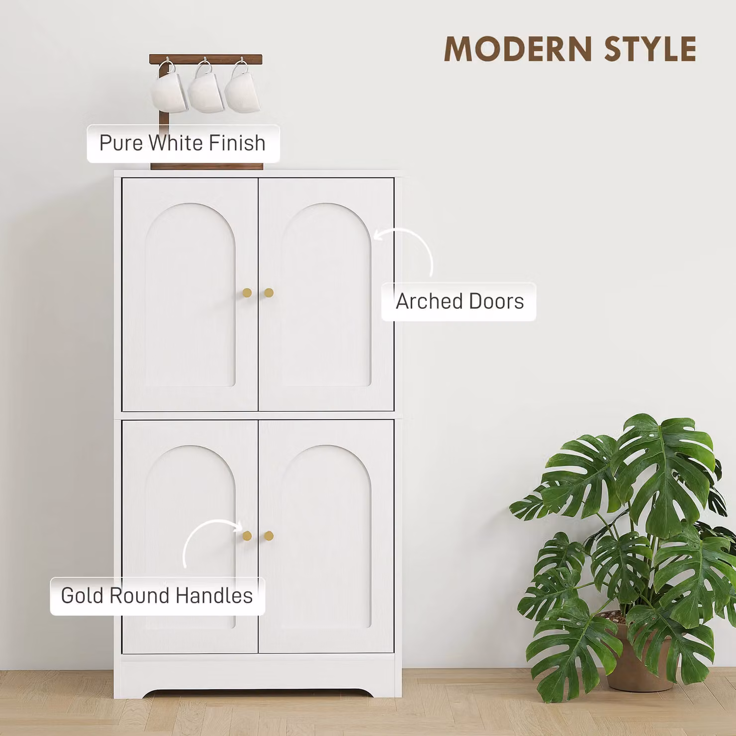 HOMCOM White Modern Tall Kitchen Cupboard with 4 Hinged Doors and Internal Shelves, Width: 110 cm – 3