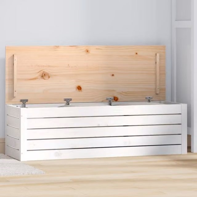 Berkfield Home White Solid Wood Pine Storage Box W: 109 cm, D: 36.5 cm, H: 33 cm