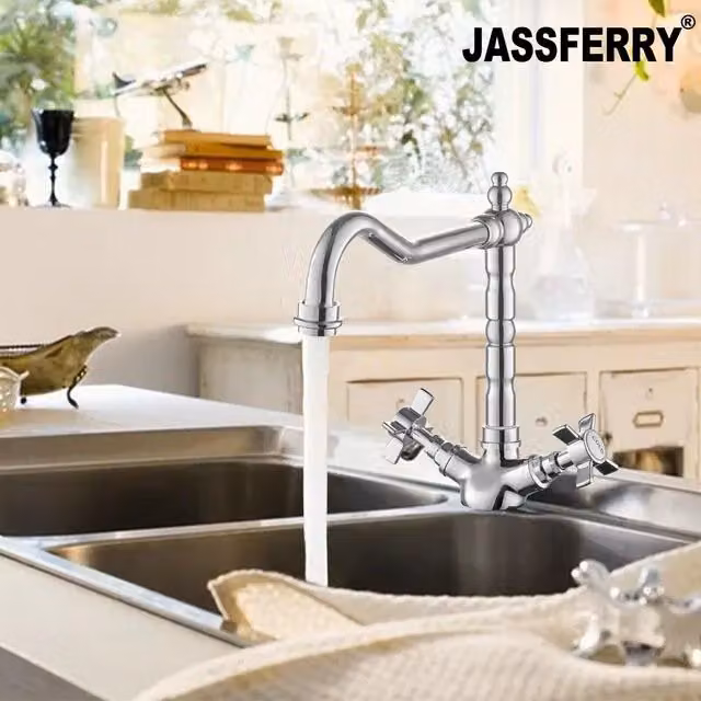 JASSFERRY French Mixer Tap Classic Kitchen Crosshead Handle in Silver Chrome