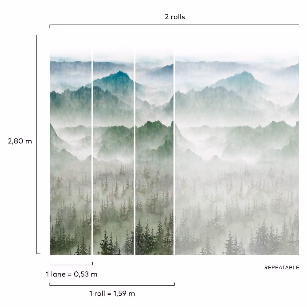 Grandeco Nendaz Misty Mountains 3 Panel Repeatable Mural in Green and Turquoise, W: 280 cm, H: 159 cm – 2