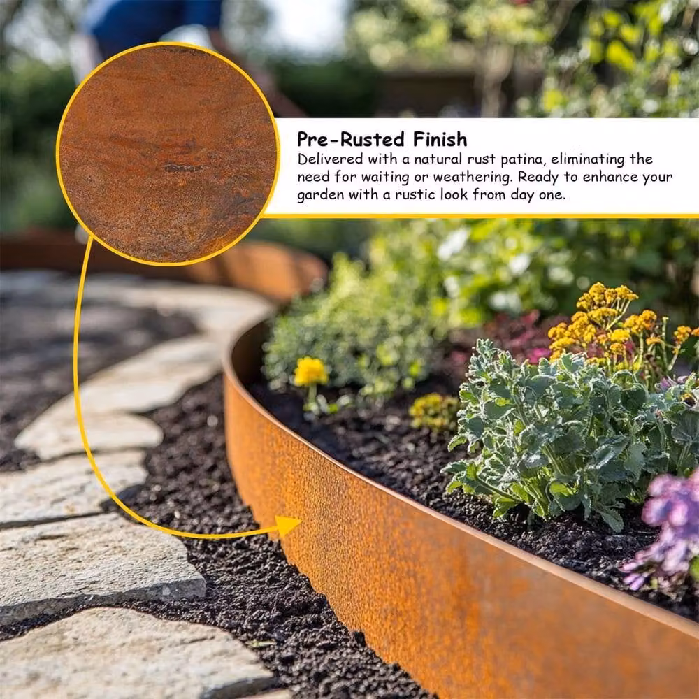 FLAVORA Pre Rusted Flexible Metal Garden Border Lawn Edging in Brown, 0.6m2 – 3