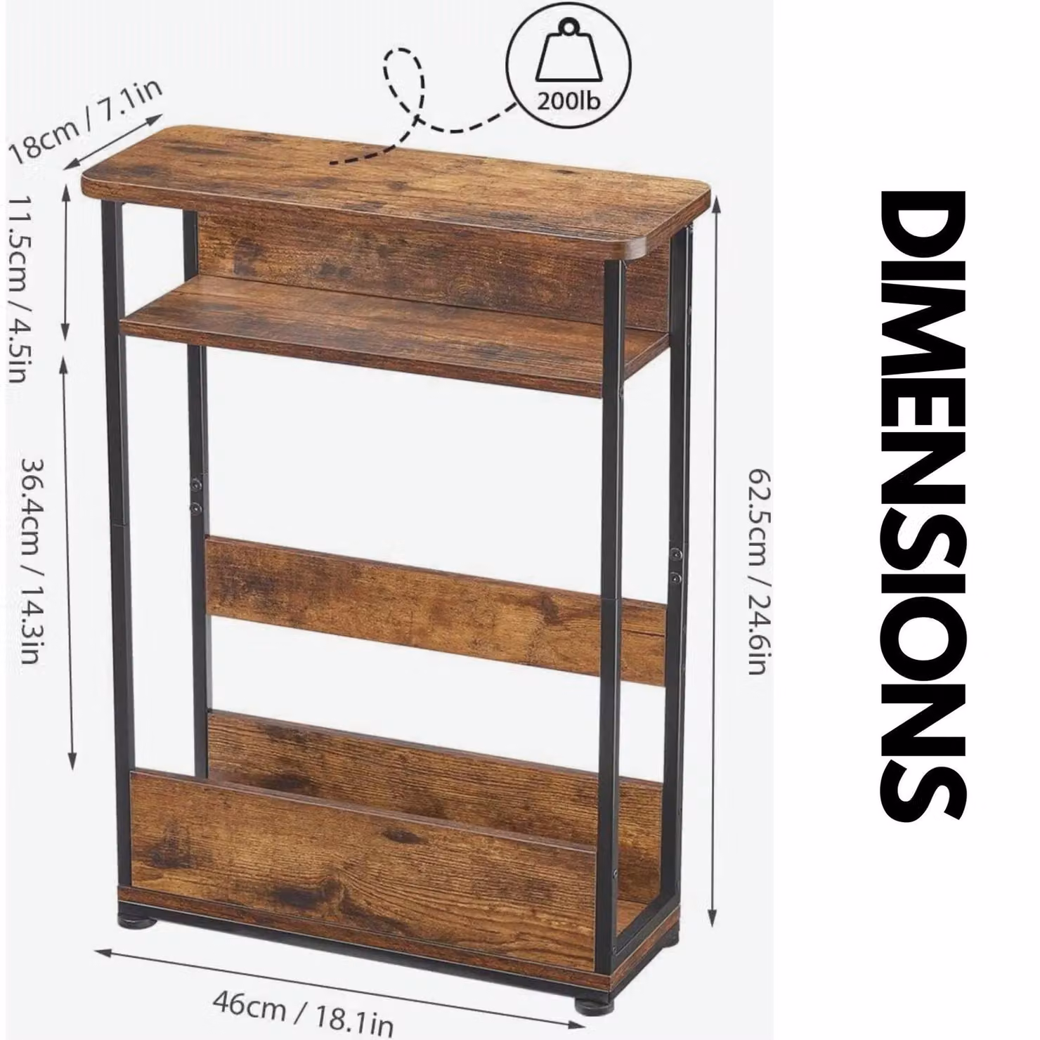 Rafaelo Mobilia Industrial Rustic 3 Tier Side Table with Magazine Rack in Dark Brown – 5