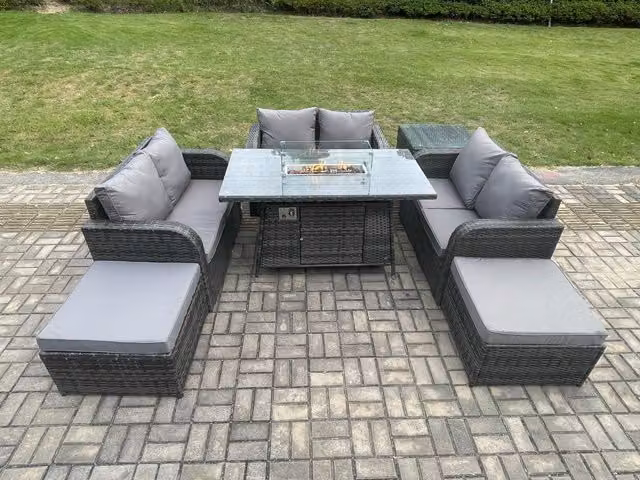 Fimous Rattan Outdoor Garden Furniture Set in Dark Grey with Gas Fire Pit Dining Table, Side Table, Love Sofa and 2 Footstools